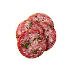 Obraz premium Close-Up View of Sliced Italian Salami with Herbs on a Isolated Background