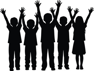 Diverse group of children silhouette with arms raised celebrating joyful unity and freedom vector
