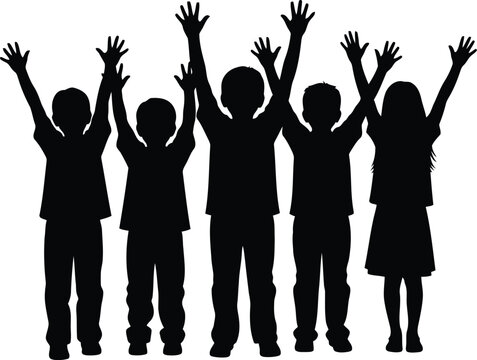 Diverse group of children silhouette with arms raised celebrating joyful unity and freedom vector