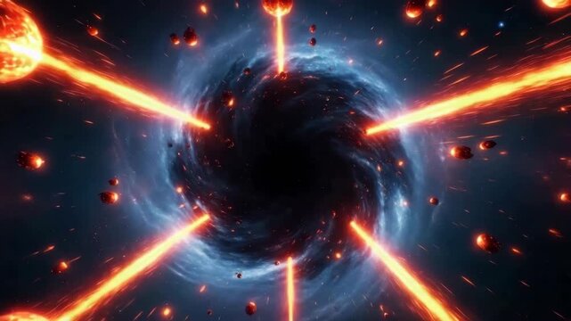 swirling dark cosmic void fringed by blue gas pulls in glowing red objects Intense orange energy beams converge at its center highlighting debris caught in the powerful ominous space vortex