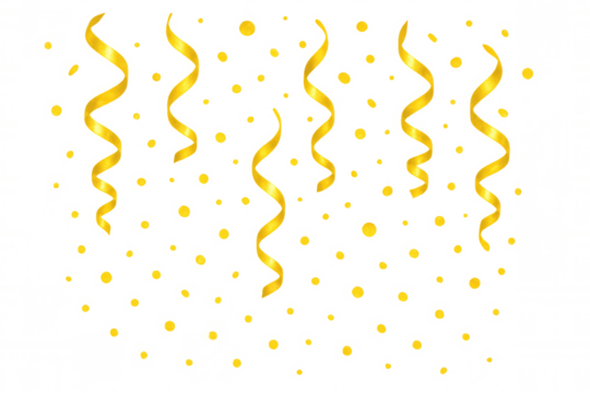 Golden confetti and streamer ribbons falling, celebrating party event with festive decor on transparent background