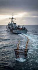 Military frigate towing a large sonar array through the rough sea as part of naval exercise. Warship performing anti submarine warfare drill.
