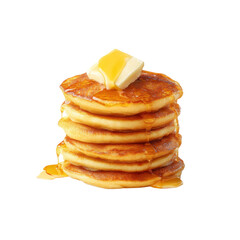 Fototapeta premium Stack of fluffy pancakes with melting butter and syrup drizzled on top, perfect for breakfast or brunch settings