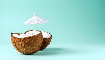 Simple summer composition with coconut and umbrella on blue background, expressing minimalism, freshness, and tropical inspiration for creative design.