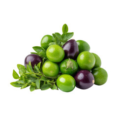 Obraz premium Freshly Harvested Green and Purple Fruits with Leaves Piled Together for Organic Food Background and Healthy Lifestyle Visuals