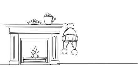 Cozy Fireplace Scene with Hot Chocolate and Winter Hat - Line Art Illustration