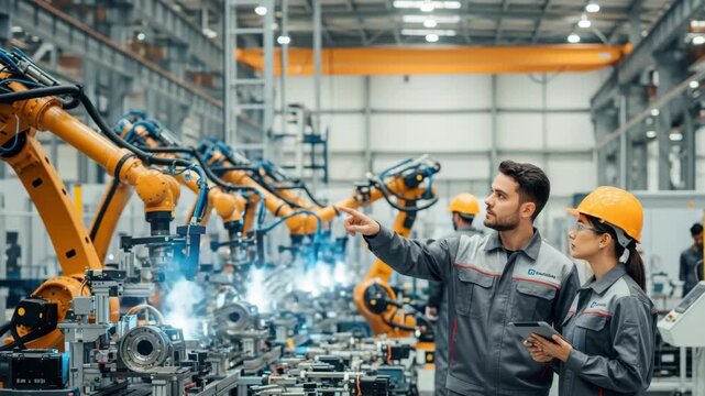 Two industrial engineers man pointing and woman with tablet oversee robotic arms actively welding on modern assembly line amidst blue sparks in vast factory