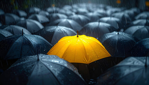 Glowing yellow umbrella among black ones in rainy darkness, symbolizing optimism, resilience, and positivity in hard times.