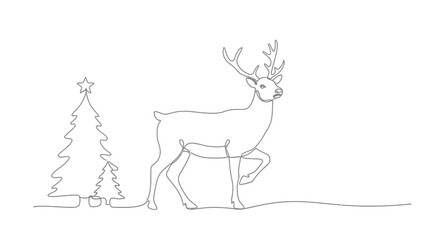 Fototapeta premium Minimalist Christmas illustration A one-line drawing of a reindeer with Christmas tree, simple design for festive holiday decorations