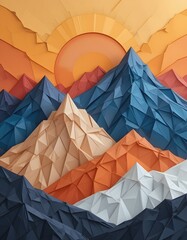 Geometric paper art mountains with gradient sunset digital origami