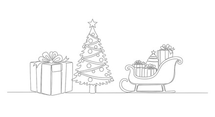 Festive Christmas Line Art A Charming Illustration Featuring a Gift Box, Christmas Tree, and Sleigh Filled with Presents for the Holiday Season