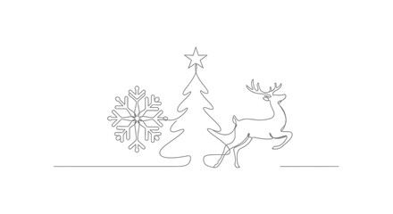 Obraz premium Minimalist Continuous Line Drawing of a Christmas Tree with a Snowflake and a Reindeer Silhouette on a White Background