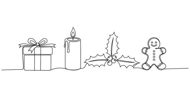 Continuous line art illustration depicting quintessential winter holiday symbols a wrapped gift, a flickering candle, festive holly, and a cheerful gingerbread man, ideal for seasonal designs