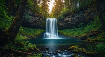 Waterfall plunges into a blue pool surrounded by lush green forest