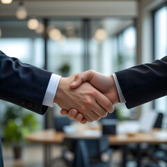 Handshake between business partners with blurred office background