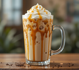 Iced coffee with caramel drizzle and whipped cream