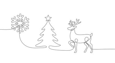 Fototapeta premium Minimalist Line Art Christmas Scene Snowflake, Tree, and Reindeer for Festive Greetings