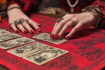 Obraz premium A fortune teller lays a tarot card on a red table