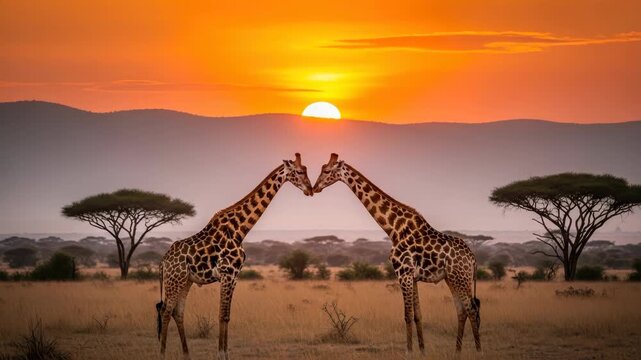Two majestic giraffes affectionately touch noses under fiery orange sunset Their graceful silhouettes stand against distant rolling hills with scattered savanna trees in the golden dry grass