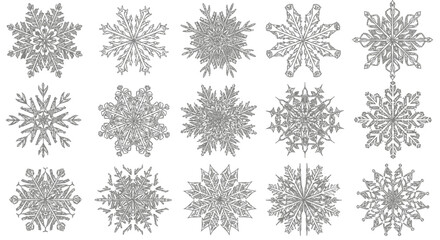 Monochrome collection of geometric snowflake patterns. An ornate and detailed set of ice crystal icons for festive seasonal holiday graphics