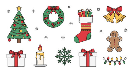 Embrace the festive spirit with this delightful collection of outline holiday icons, perfect for seasonal designs and celebrations and winter projects