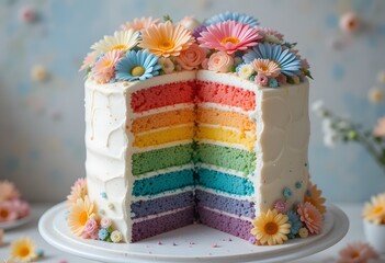 Rainbow layered cake with flowers and front cut piece
