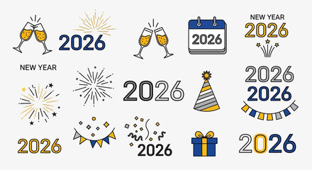 Collection of festive icons for the New Year 2026 celebration, featuring fireworks, champagne toasts, and party hats in a modern line art style