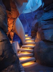 Interior view of a stone-walled staircase with ambient lighting and sculptural details