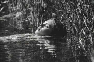 Fototapeta premium A lovely young girl swims in a pond Monochrome image