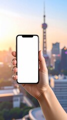 Hand holding iPhone Mockup with Shanghai Skyline Backdrop with Blank Screen Display.