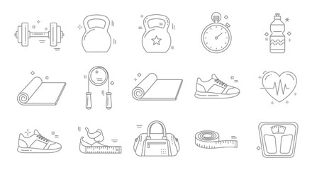 Fitness and Workout Essentials A Collection of Vector Illustrations Representing Gym Equipment, Exercise Gear, and Wellness Icons for a Healthy Lifestyle