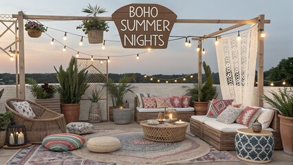 Boho summer nights sign on a decorated rooftop patio at twilight