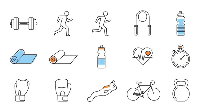 Essential fitness and exercise icons set dumbbell, running man, jump rope, water bottle, mat, boxing gloves, bicycle, heart, stopwatch