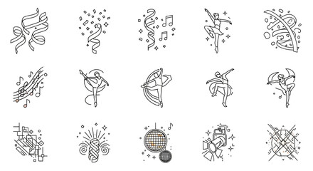 Collection of Elegant Line Art Dance Elements and Festive Decorations Perfect for Music-Themed Celebrations and Parties