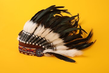 Traditional warbonnet (Native American chief headdress) on yellow background