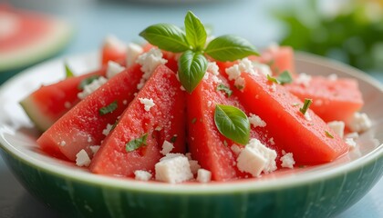 Sliced watermelon with feta and basil on watermelon plate