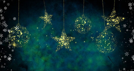 Fototapeta premium Hanging stars and ornaments with glitter over snowflakes image on dark background