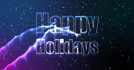 Image of happy holidays text over snow falling on blue background
