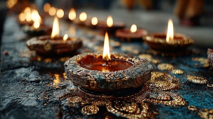 Burning candles in small clay pots on a textured surface with gold accents.