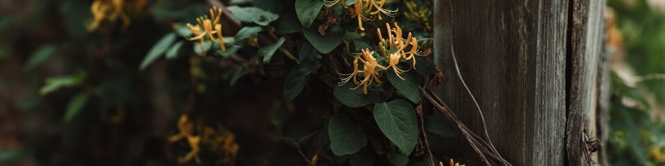 Close up of yellow flowers and green leaves growing on a wooden surface