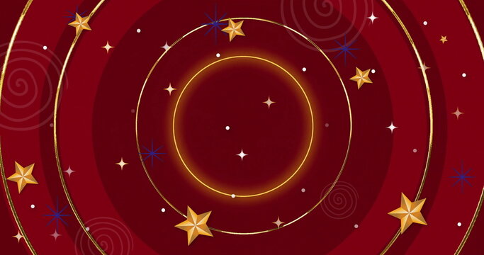 Naklejki Image of stars and snowflakes over neon circles