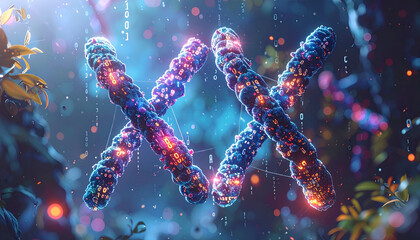 Fototapeta premium Digital illustration of chromosome pairs with binary data overlay, concept of genetic