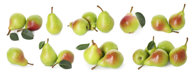 Fresh sweet pears isolated on white, set