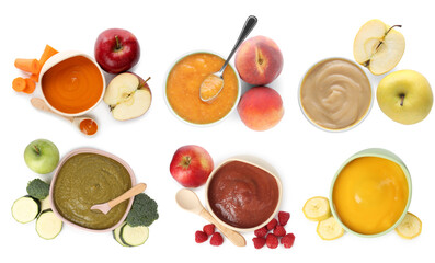 Pulpy food texture. Pureed fruits and vegetables in bowls on white background, set. Top view