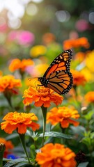 Monarch Butterfly on Orange Marigold Flower in Garden with Summer Bokeh Background.