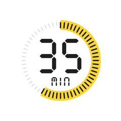 Yellow digital timer icon displaying 35 minutes, a time measurement