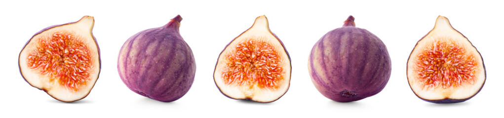 Fresh sweet figs isolated on white, set. Whole and halves