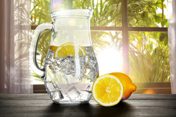 Refreshing water with lemon and ice on table against window in room