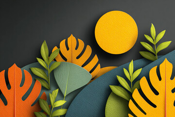 Abstract layered background featuring vibrant tropical leaves and a yellow circle with a distinct paper texture. The clean cut-out style creates a modern, graphic design. Perfect for web background