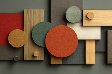 Abstract geometric composition with layered circles and rectangles showcasing varied textures. Muted colors and wood grain create a modern, textured, and tactile aesthetic. Perfect for website back